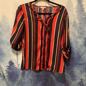 Mileage Women's Maroon Vertical Striped Roll Tab‎ Sleeve Top Blouse Sz Small